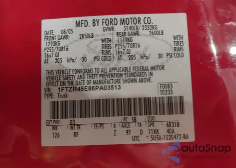 2006 Ford Ranger Fx4 Level Ii/Fx4 Off-Road/Sport/Xlt from USA, damaged, VIN 1FTZR45E86PA03513